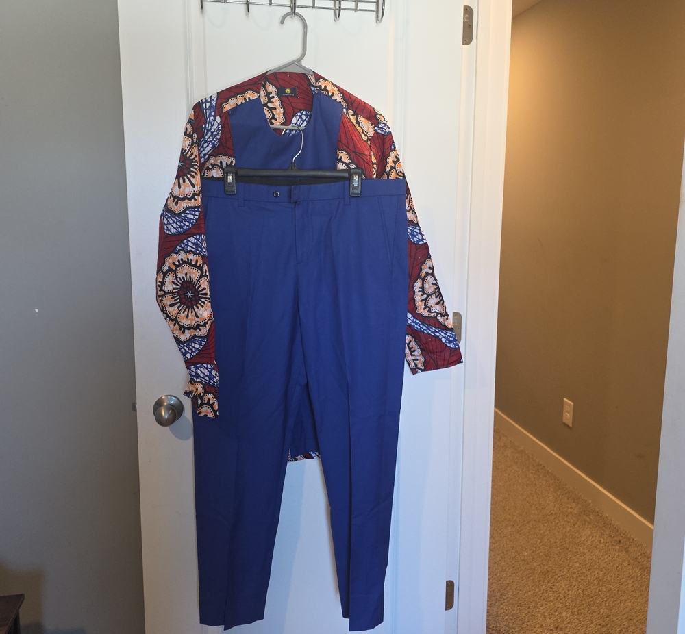 Bold Royal Blue Pantsuit with Red & Cream Patterned Agbada